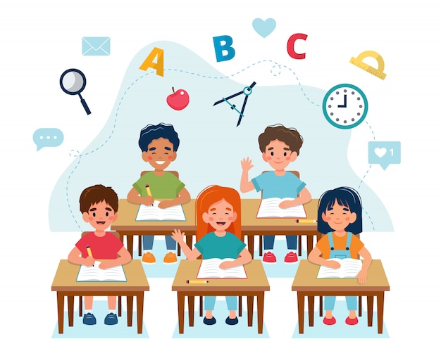 Bambini felici seduti in classe ai banchi, di nuovo al concetto di scuola, simpatici personaggi.