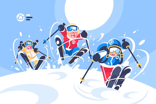 Vector happy children skiing flat poster