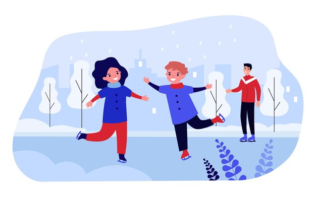 Happy children skiing together in park. Smiling little kids boy and girl having fun relaxing on skate rink. Winter activity, weekend family time. Vector flat cartoon illustration.