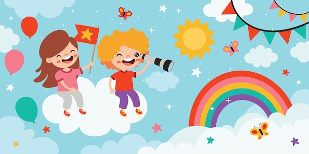 Happy children on sky background