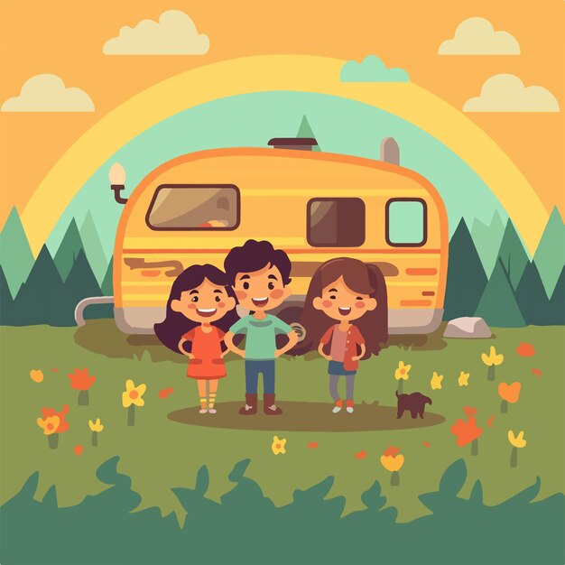 Vector happy children smiling from caravan in campsite flat design