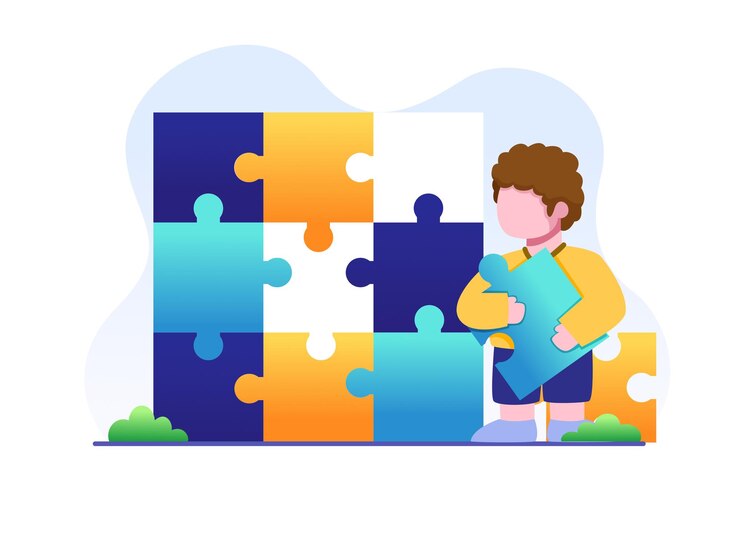 Vector happy children solve a jigsaw puzzle preschool children playing simple puzzle