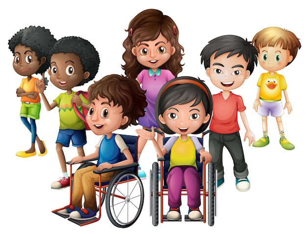 Vector happy children standing and on wheelchairs