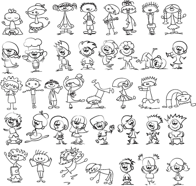 Happy children in summer park funny small kids play run and jump set of elements in childish doodle