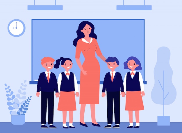 Vector happy children and teacher standing together in classroom