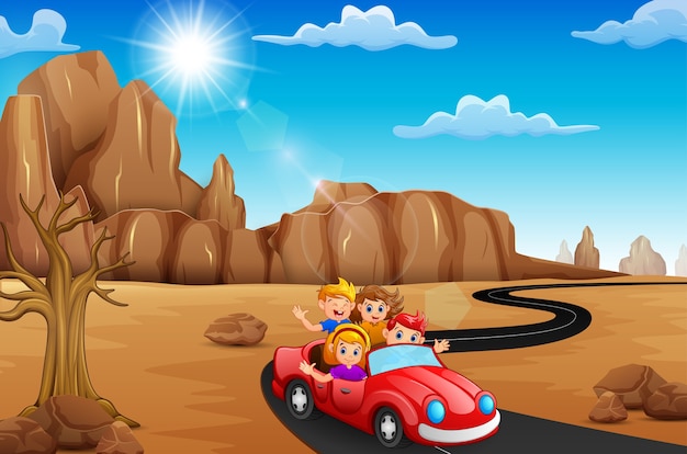 Happy children traveling by red car