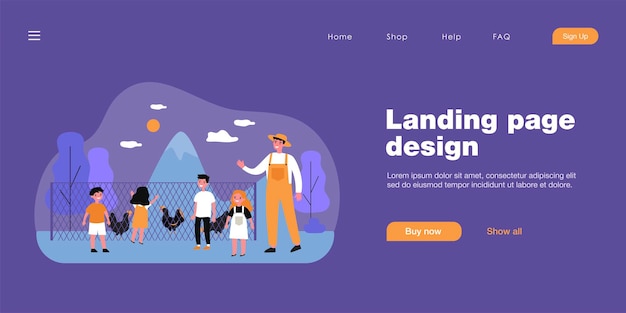 Happy children watching poultry on farm. fence, chicken, farmer flat vector illustration. nature and countryside concept for banner, website design or landing web page