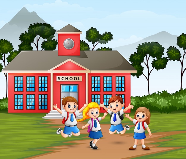 Vector happy children with backpack on school building 