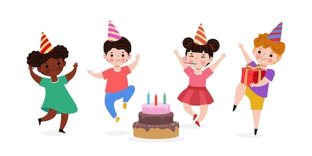 Happy children with cake and gift box at the birthday party and group of friends isolated vector