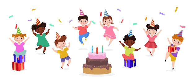 Happy children with cake and gift box at the birthday party and group of friends isolated vector