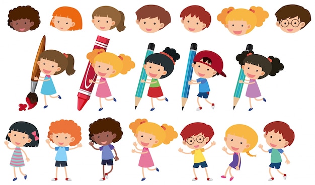 Vector happy children with different writing tools