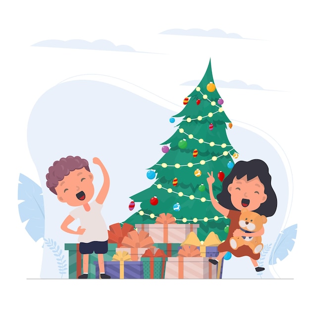 Happy children with gifts. Happy children, gift boxes, Christmas tree. Isolated. Vector.