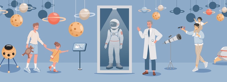 Vector happy children with parents at excursion in space museum illustration