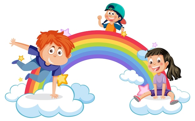 Vettore bambini felici con arcobaleno