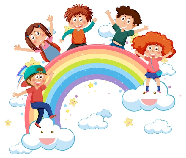 Vettore bambini felici con arcobaleno