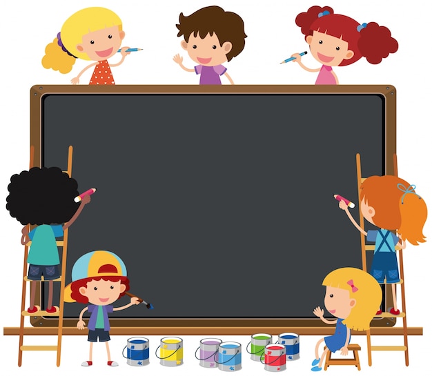 Vector happy children writing on chalkboard