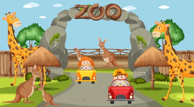 Vettore bambini felici allo zoo