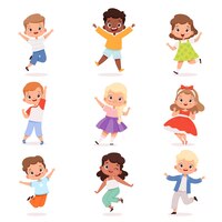 矢量快乐的孩子。可爱的玩孩子在行动姿势矢量男孩和女孩。插图童年性格，儿童群跳