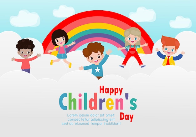 Happy childrens day card with happy kids jumping on the cloud