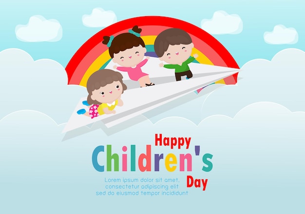 Happy childrens day card with happy three kids flying on a paper airplane in the cloudy sky with rainbow