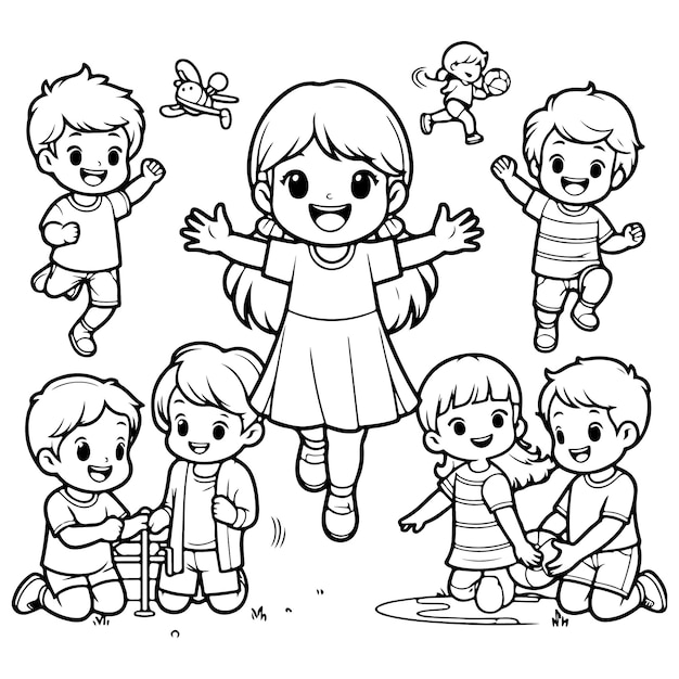 Happy Childrens Day Childrens are playing with smiling face coloring page illustration