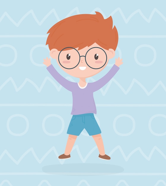 happy childrens day, cute little boy wearing glasses celebrating hands up vector illustration