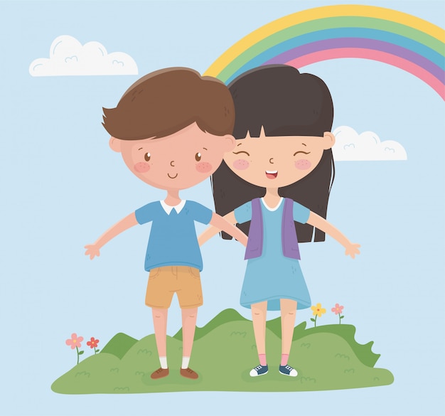 Счастливого детского дня наслаждайтесь девочкой и мальчиком на поле радуги