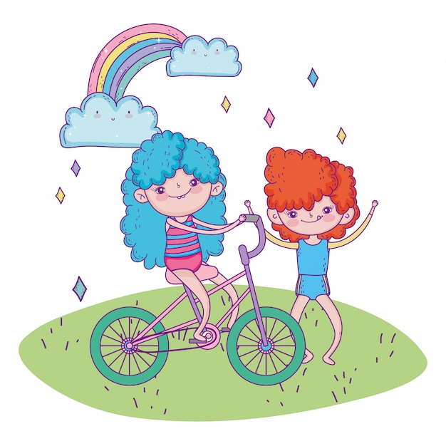 Happy childrens day, girl riding bicycle and boy outdoor cartoon