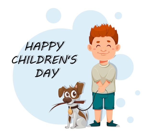 Happy childrens day greeting card with cute boy and his dog