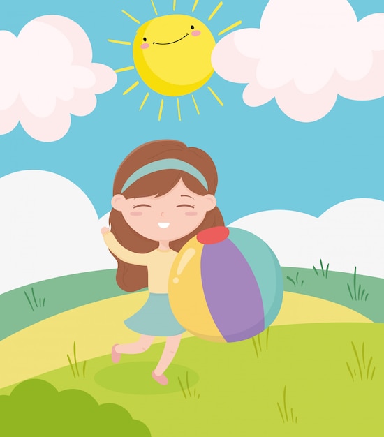 Happy childrens day, little girl with ball field sun clouds cartoon