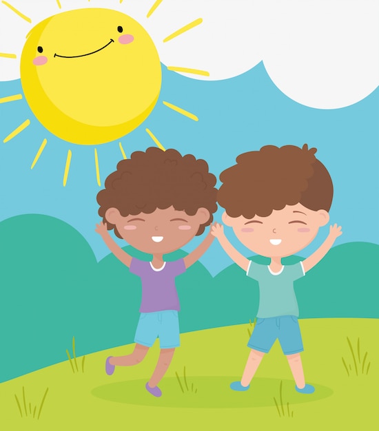 Vector happy childrens day, smiling little boys celebrating outdoors cartoon