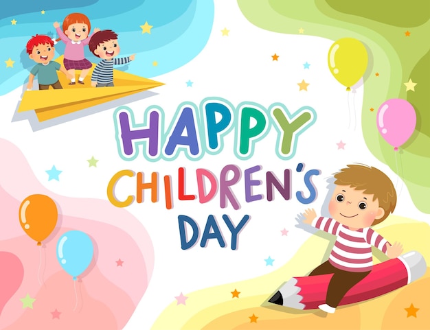 Happy Childrens Day vector achtergrond met gelukkige kinderen op het potlood en papieren vliegtuigje