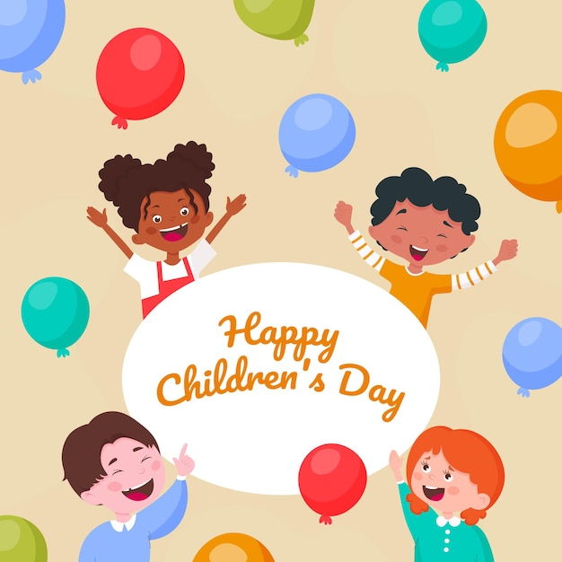 Happy childrens day with boys and girls cartoons design
