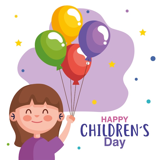 Happy childrens day with girl cartoon and balloons design, international celebration theme