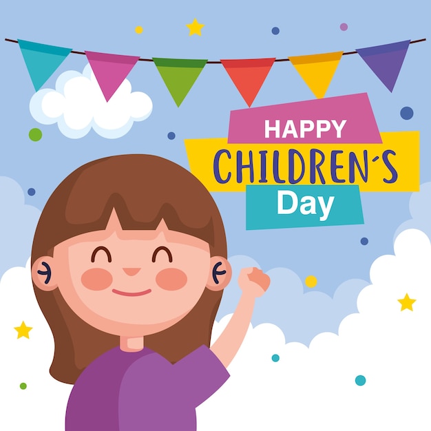 Vector happy childrens day with girl cartoon design, international celebration theme  illustration