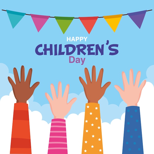 Happy childrens day with hands up design, international celebration theme  illustration