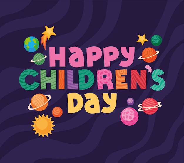 Vector happy childrens day with space icons design, international celebration theme