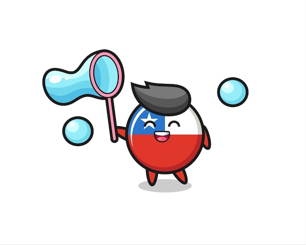 Мультфильм значок счастливого флага чили, играющий мыльный пузырь