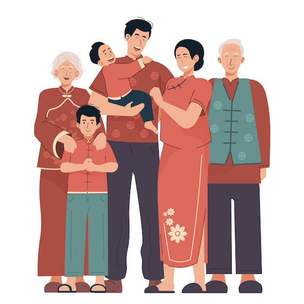 전통적인 의류와 함께 행복 한 중국 가족 초상화입니다. 조부모, 부모와 자녀