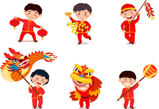 Vector happy chinese lunar new year cute asian chinese children cartoon setvector illustration