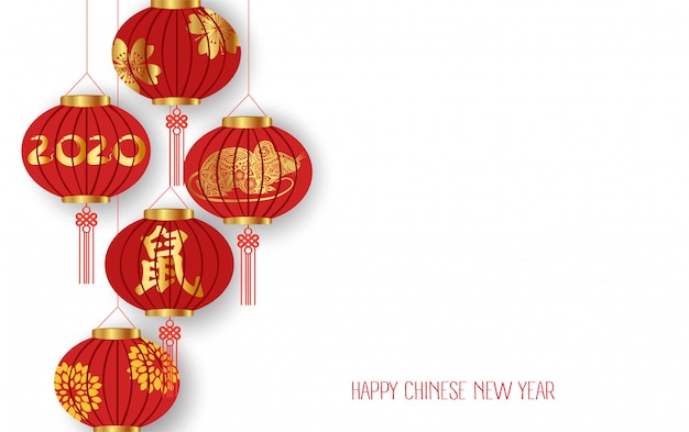 Happy Chinese New Year 2020 Background with Lanterns isolated on white background