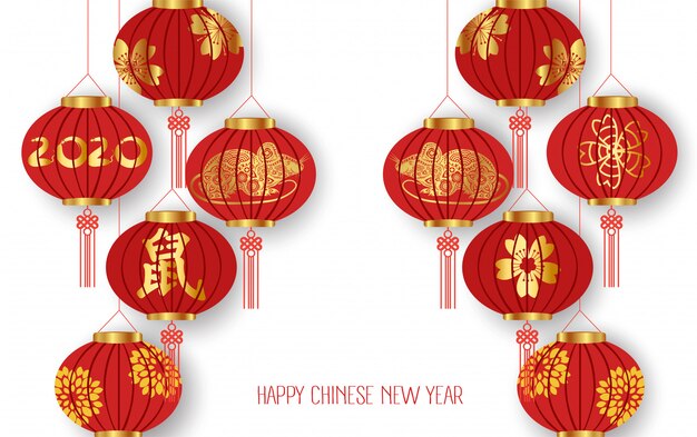 Vector happy chinese new year 2020 background with lanterns isolated on white background