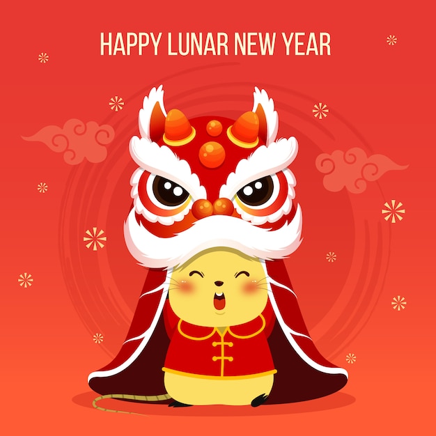 Vettore felice anno nuovo cinese 2020 ratto zodiaco piccolo ratto con testa di danza del leone