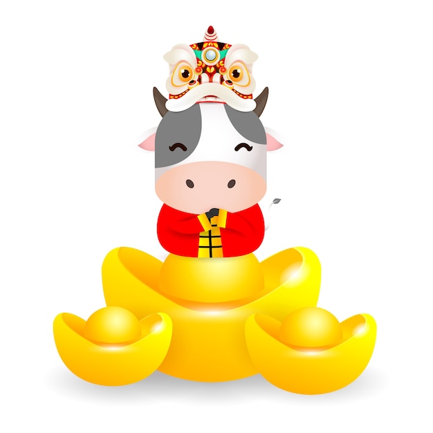 Premium Vector | Happy chinese new year 2021, cute little cow with lion  dance head holding chinese gold, the year of the ox zodiac, cartoon  illustration isolated on white background.