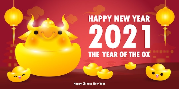 Happy chinese new year 2021 greeting card, golden ox with gold ingots the year of the ox zodiac