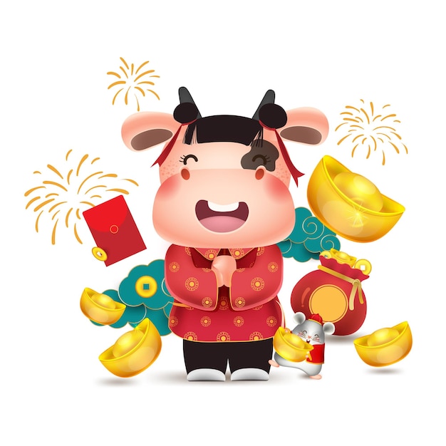 Felice anno nuovo cinese 2021, piccola mucca felice con topolino