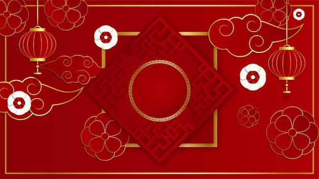 ベクトル ハッピーチャイニーズニューイヤー2022。アジアの要素と背景にクラフトスタイルの花と寅の年。赤と金色をテーマにした普遍的な中国の背景