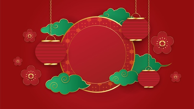 Happy Chinese new year 2022. Year of Tiger character with asian elements and flower with craft style on background. Universal Chinese background with red and gold color theme