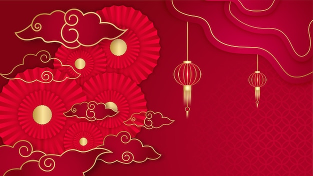 ハッピーチャイニーズニューイヤー2022。アジアの要素と背景にクラフトスタイルの花と寅の年。赤と金色をテーマにした普遍的な中国の背景