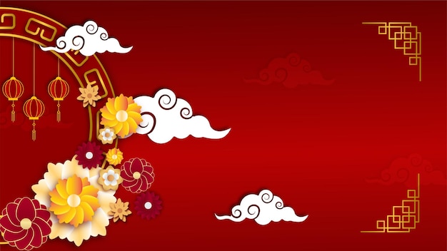 Happy Chinese new year 2022. Year of Tiger character with asian elements and flower with craft style on background. Universal Chinese background with red and gold color theme